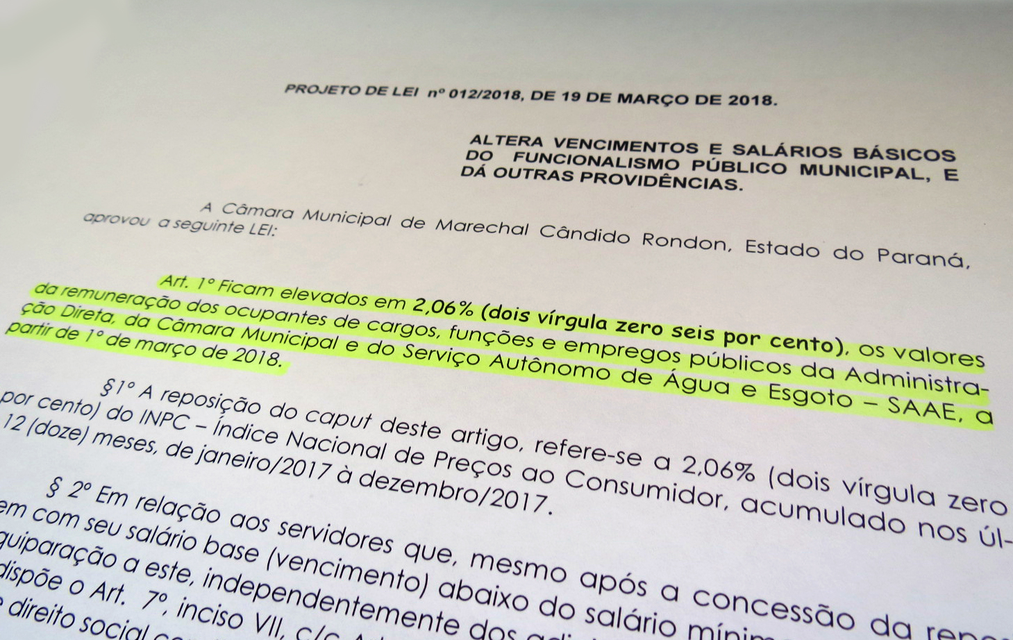 Projeto prevê reajuste de 2,06% aos servidores municiais