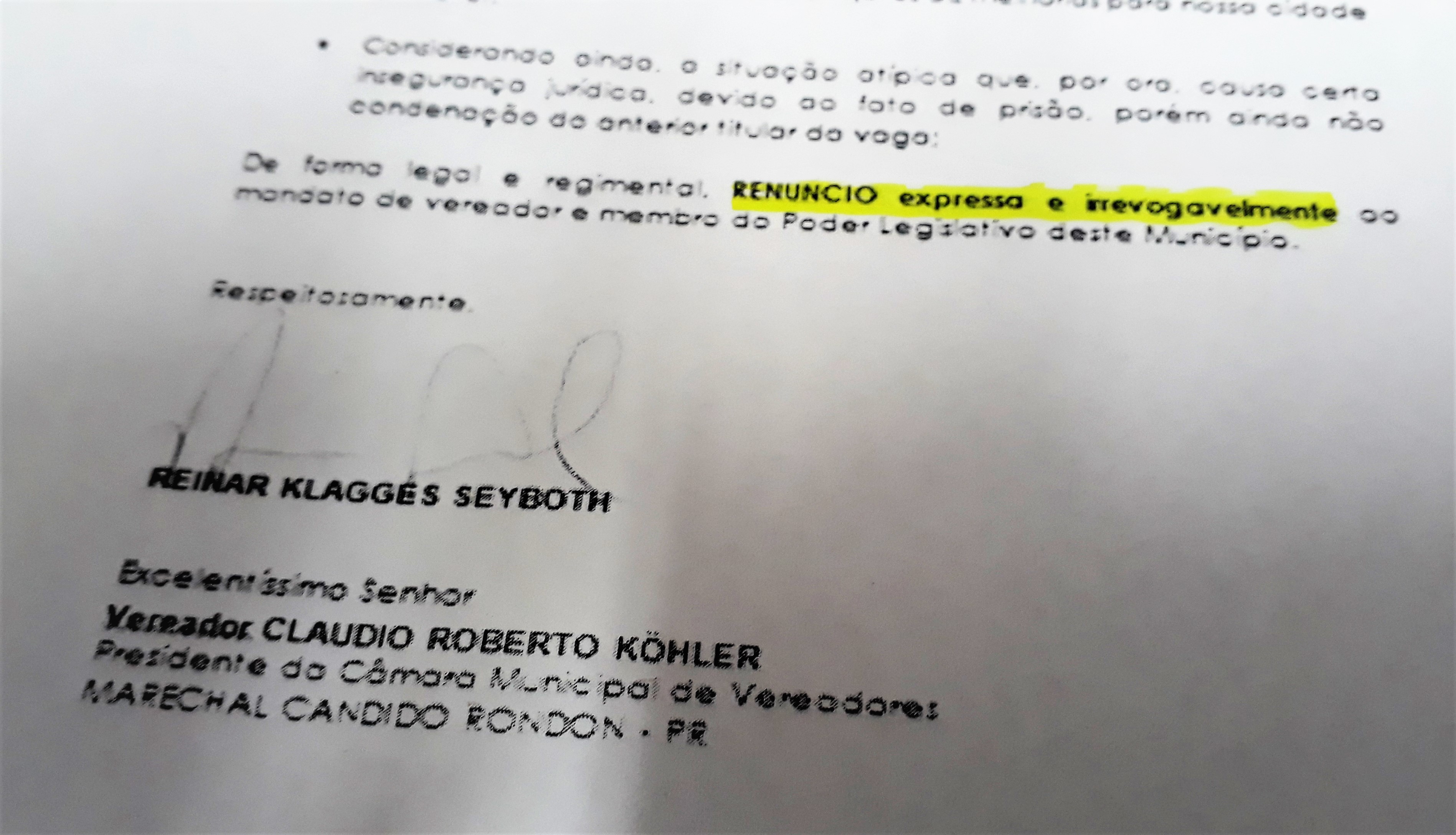 Reinar Seyboth protocola renúncia ao mandato de vereador em Marechal Rondon 