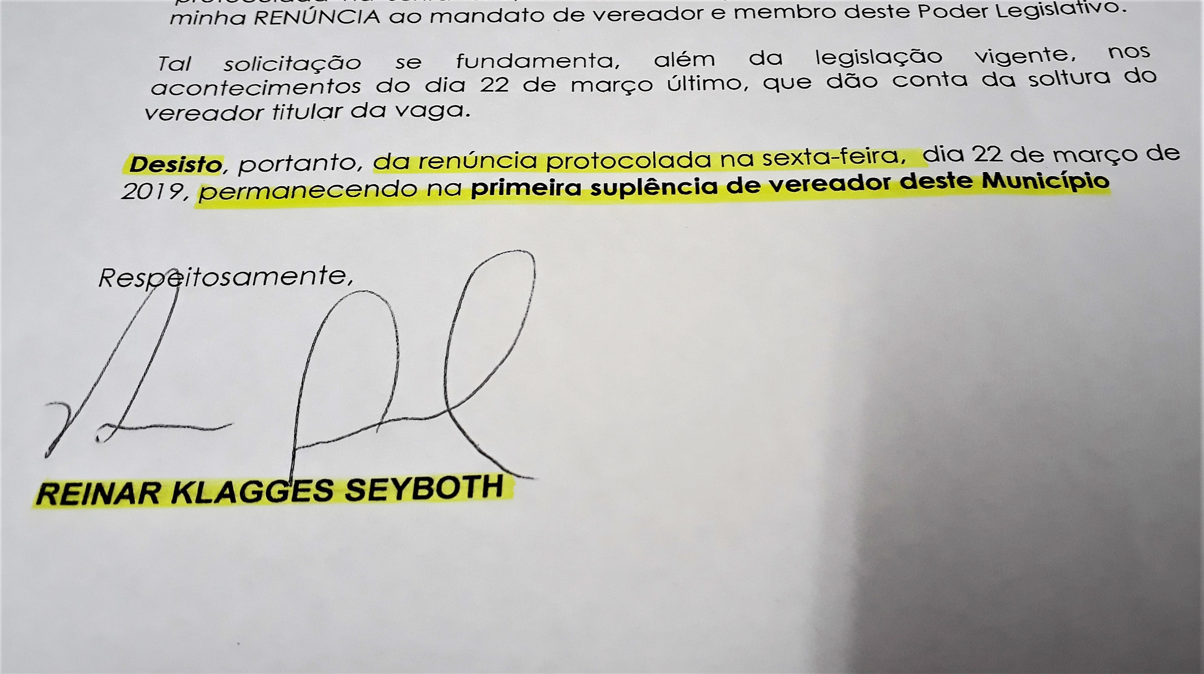 Suplente Reinar Seyboth desiste de renunciar ao mandato de vereador 